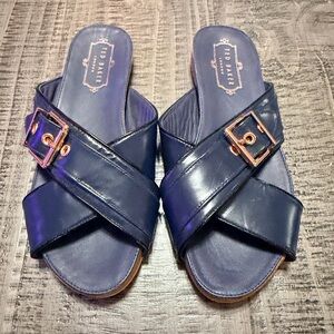 Ted Baker Navy Crisscross Slide Sandals with Rose Gold Buckles